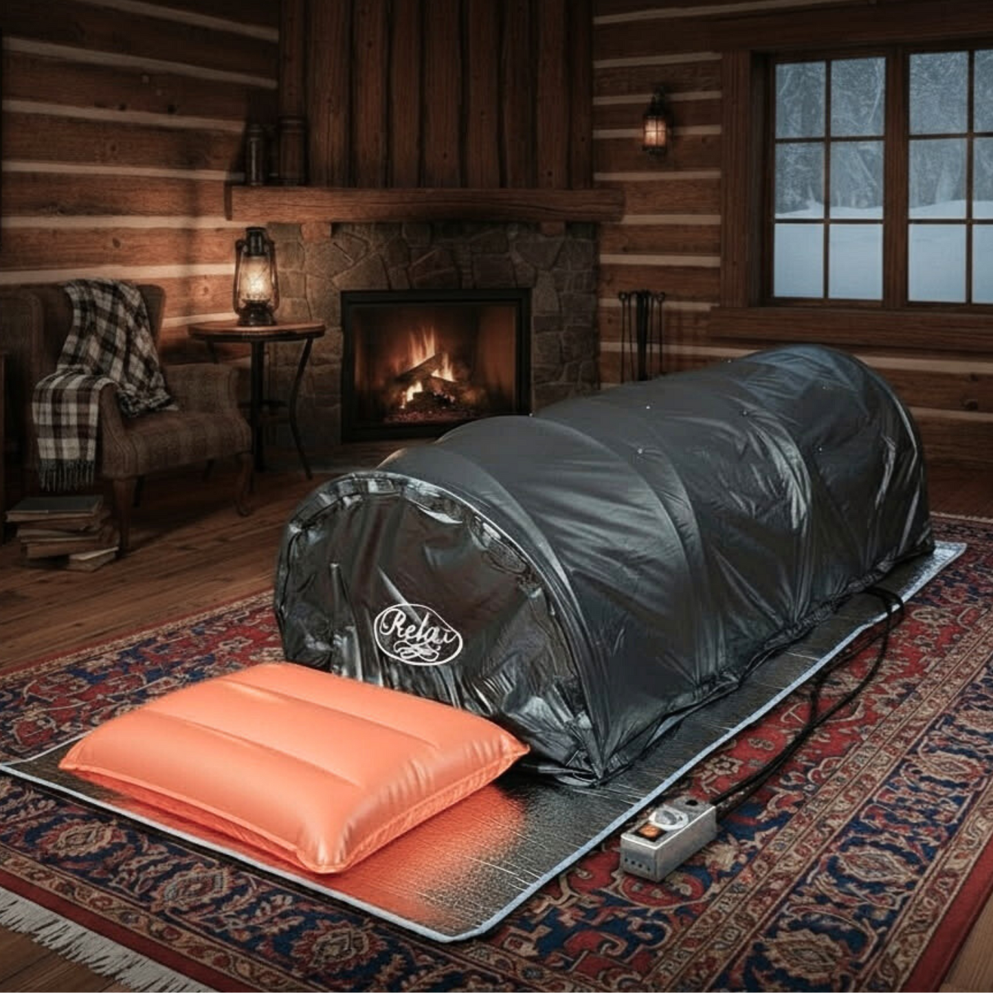 Relax Flex lie down sauna set up on a rug in a log cabin living room by the fireplace