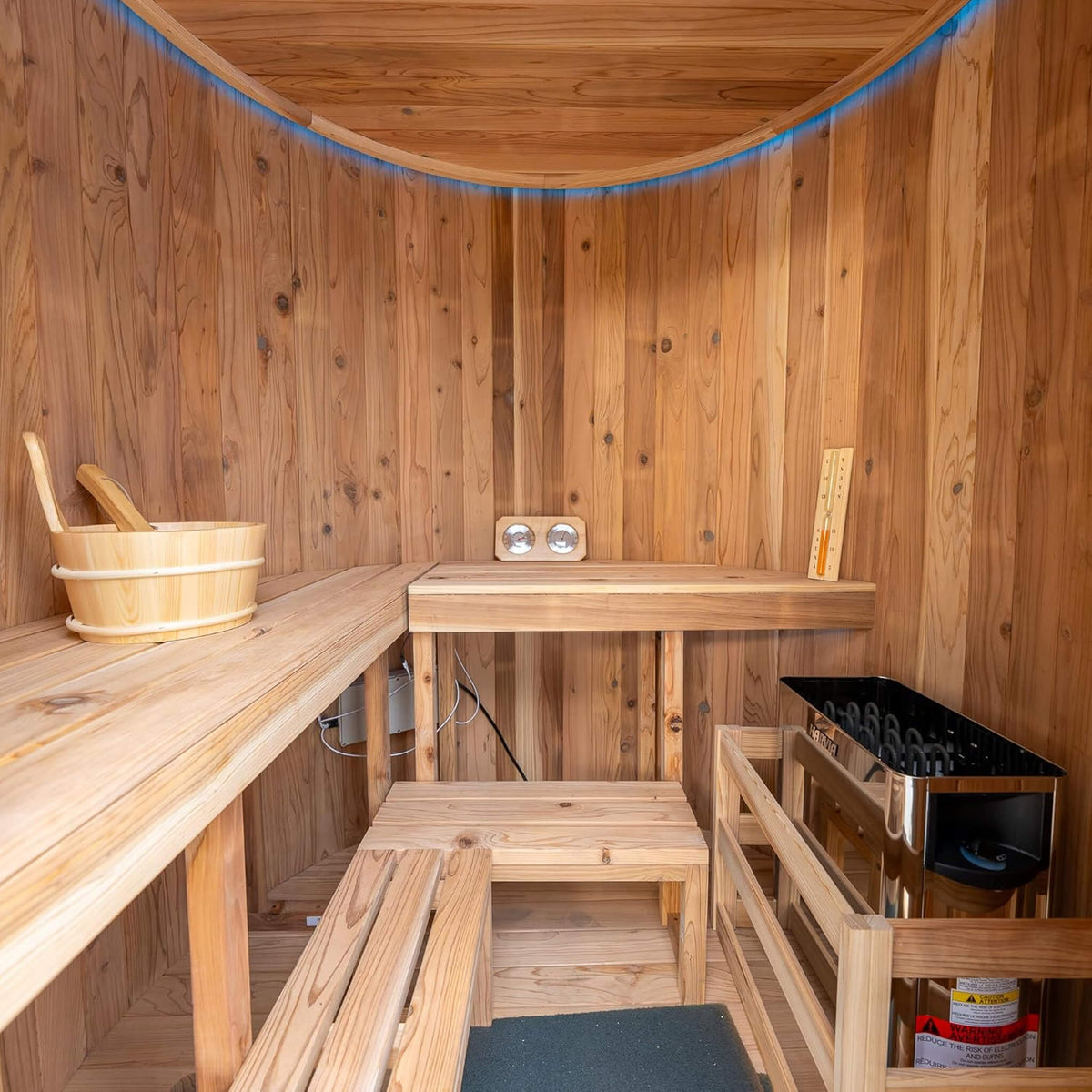 Interior of the Barcelona 4-person cedar barrel sauna with bench seating