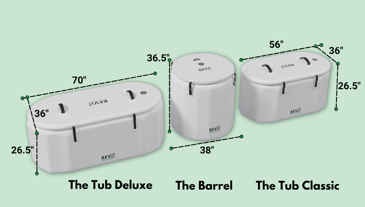 RevX tub range side by side: Tub Deluxe, Barrel and Tub Classic with dimensions