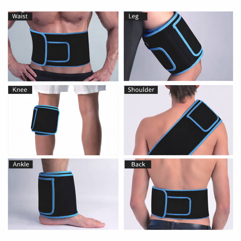 iReliev FullGlow wrap shown fitted to the waist, leg, knee, shoulder, ankle and back