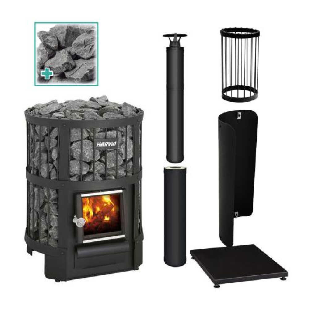 Harvia Legend 150 package components arranged beside the stone clad stove