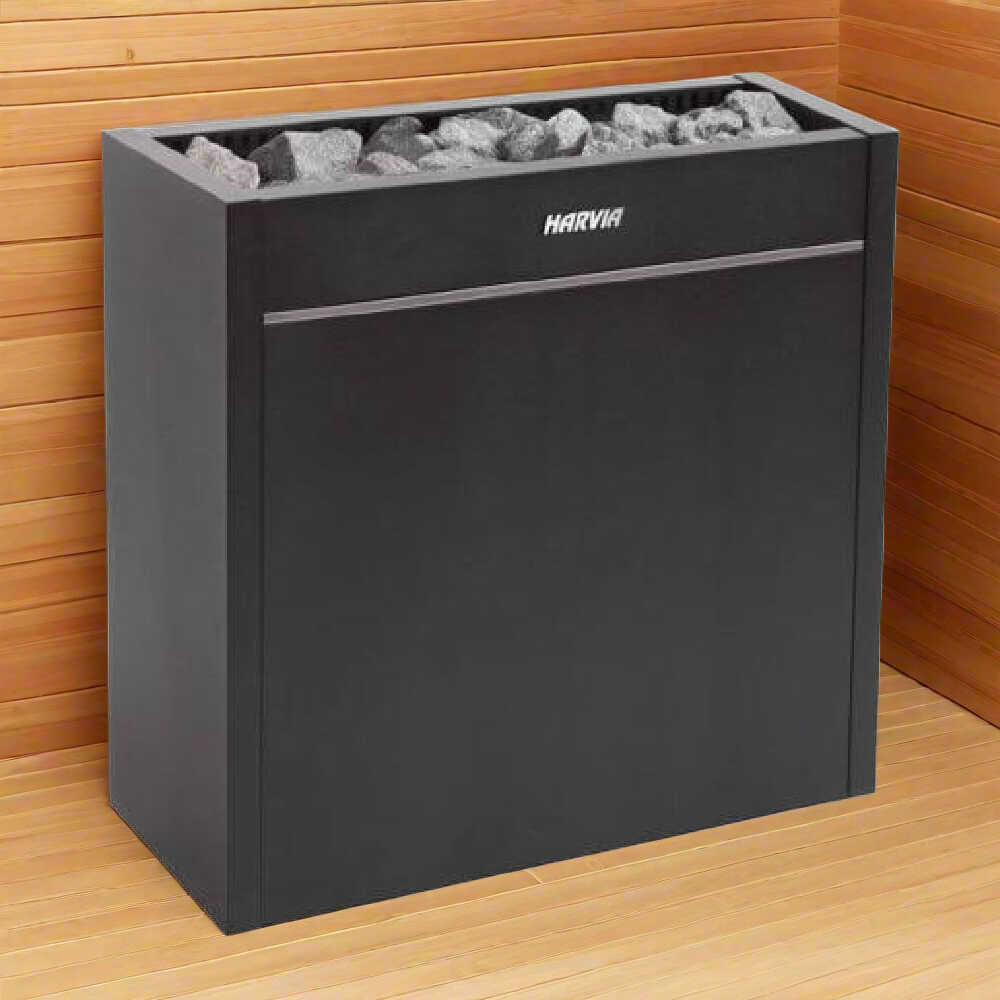Harvia Virta Pro heater against a cedar panelled sauna wall