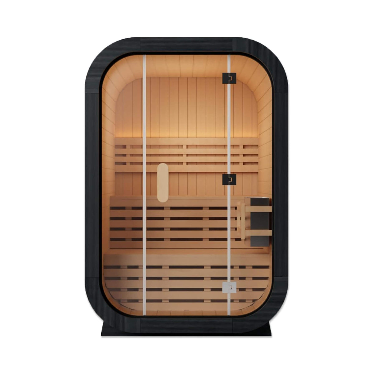 Front view of the Lund spruce cube sauna on a white background