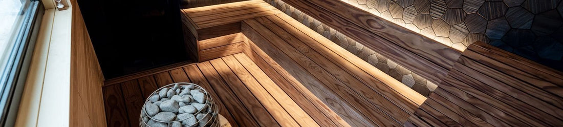 Infrared sauna interior with wood benches, guidance on how long to sit in an infrared sauna