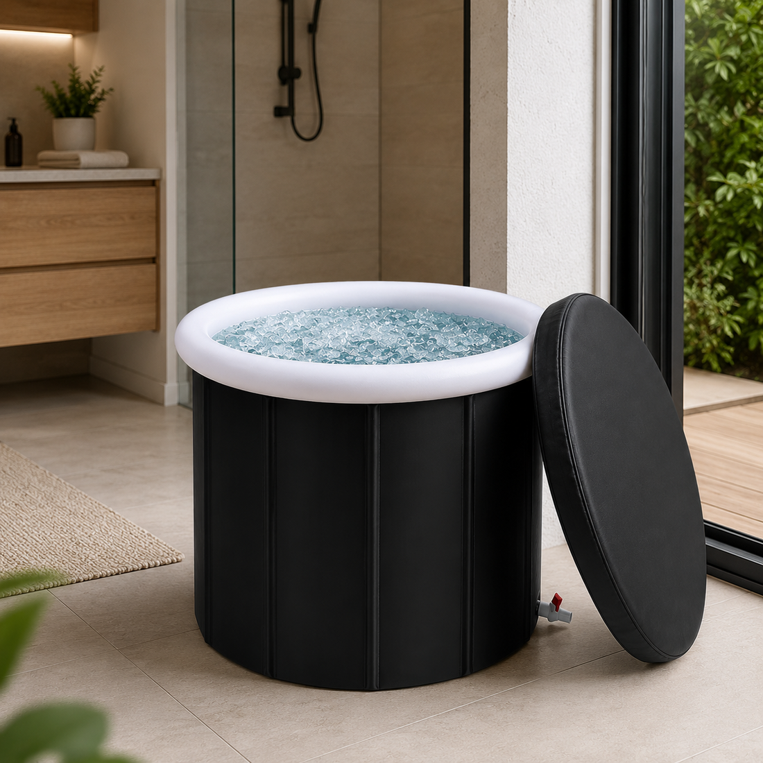 Cold plunge tub with its insulated lid removed and drain valve visible, the parts a cold plunge warranty covers