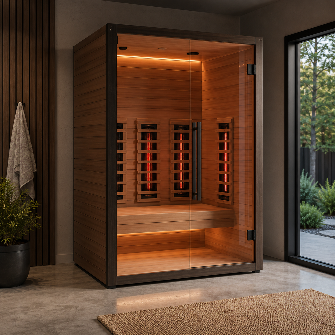 infrared sauna indoors with lights