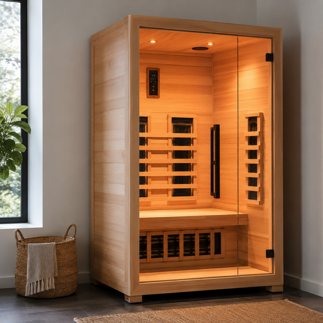 indoor infrared sauna during daytime with lights