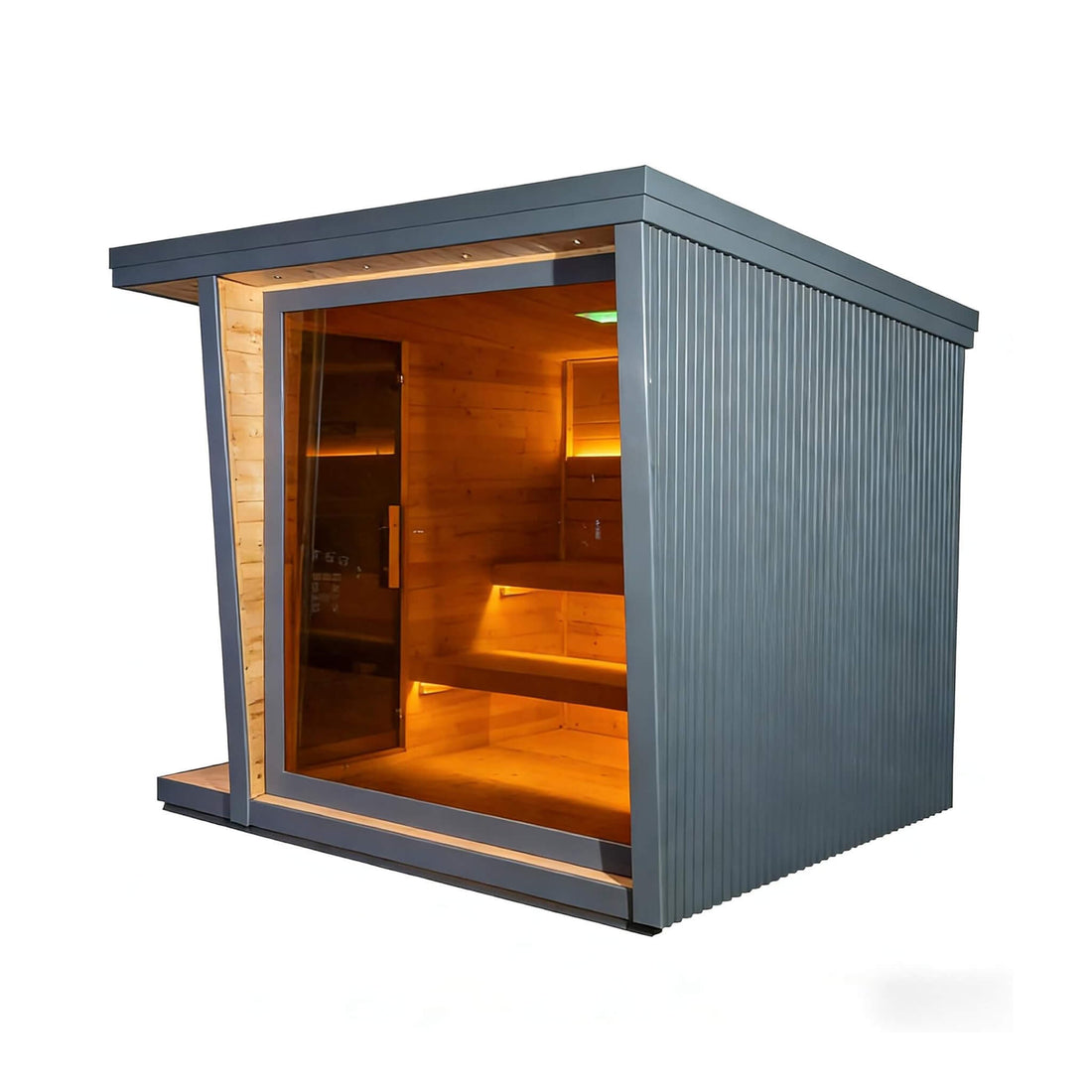 Large 6 person outdoor traditional sauna showing exterior width and depth for sauna size planning