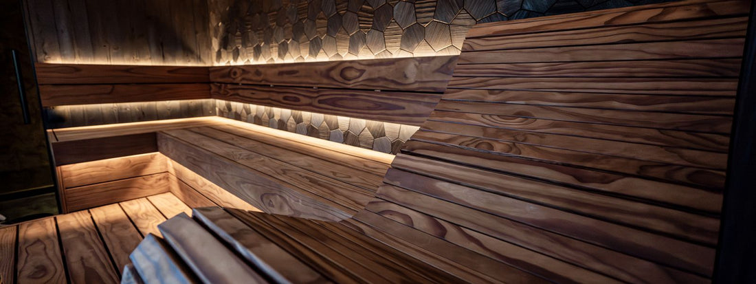 Elegant modern infrared sauna interior with warm wood and ambient LED lighting