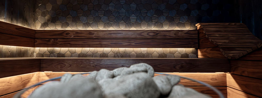 Stylish infrared sauna interior with textured wood wall panels