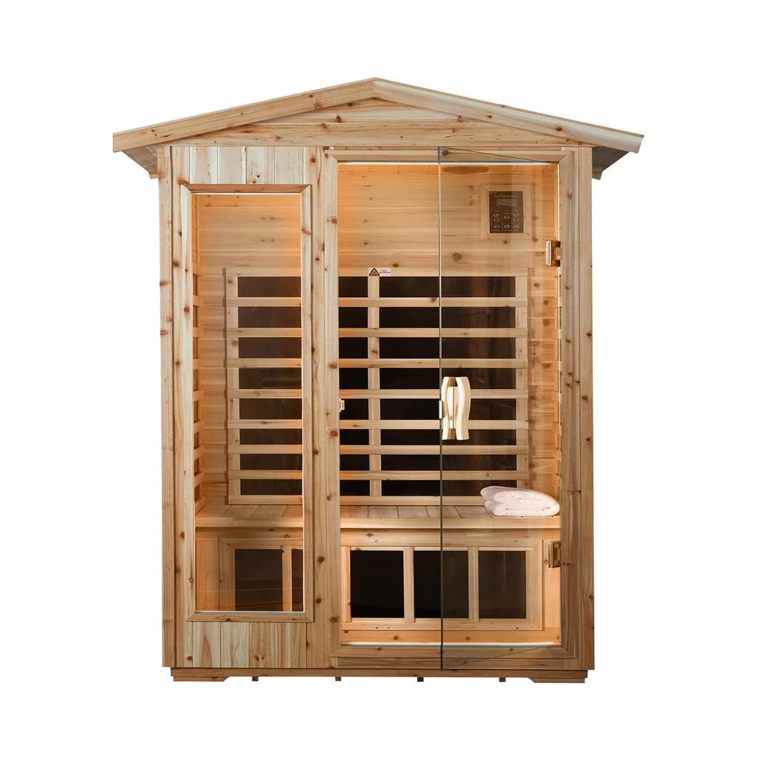 Two person low EMF hemlock infrared sauna for home use, front view