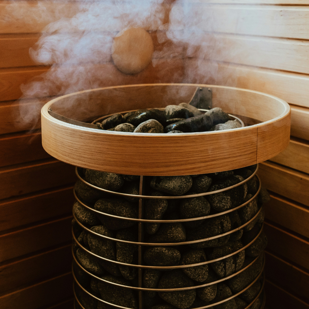 Traditional sauna heater rocks used to control temperature and humidity for the 200 rule