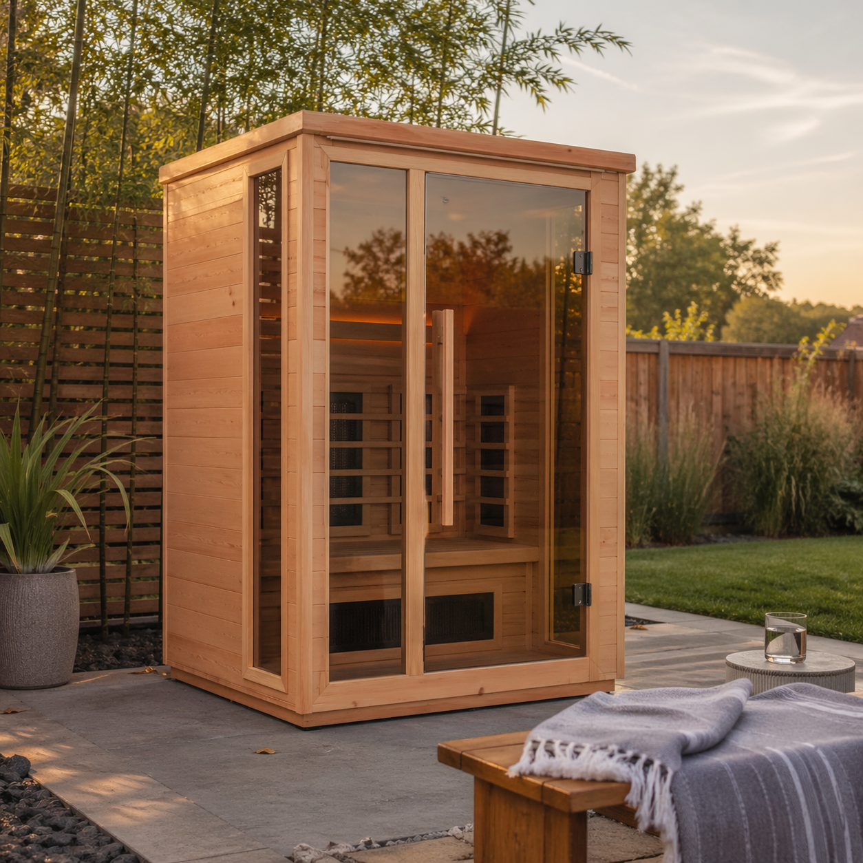 Full spectrum infrared sauna in a backyard setting