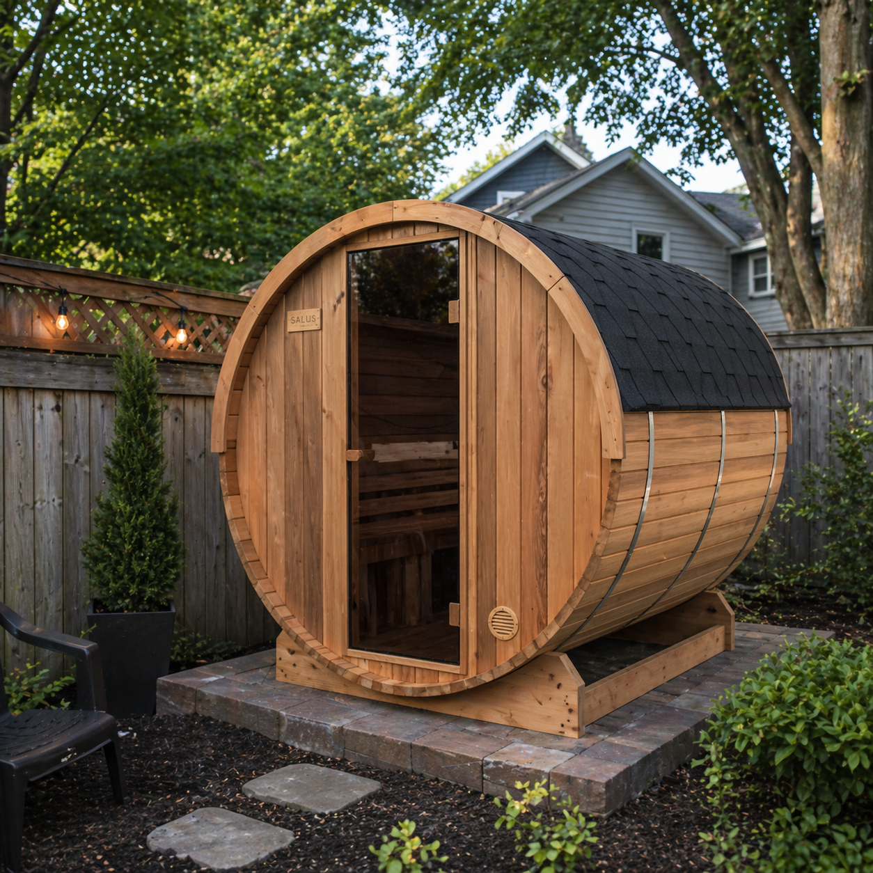 Outdoor barrel sauna in a backyard environment with trees and bushes