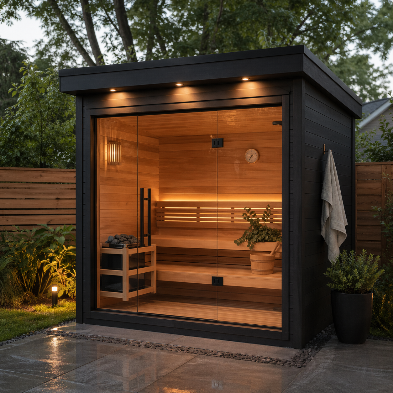 Premium outdoor sauna with cedar exterior in a backyard setting