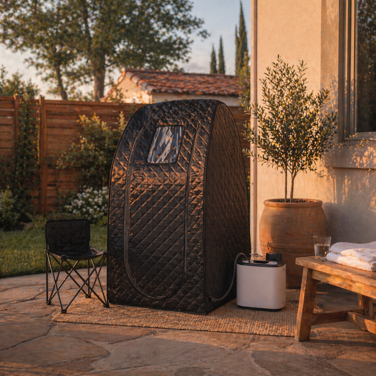 Portable infrared sauna in a backyard setting
