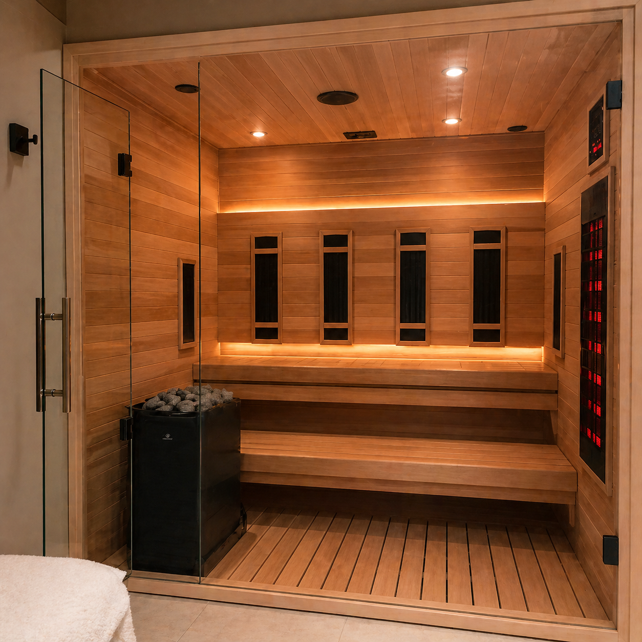 Wood hybrid sauna indoor in a home steam sauna