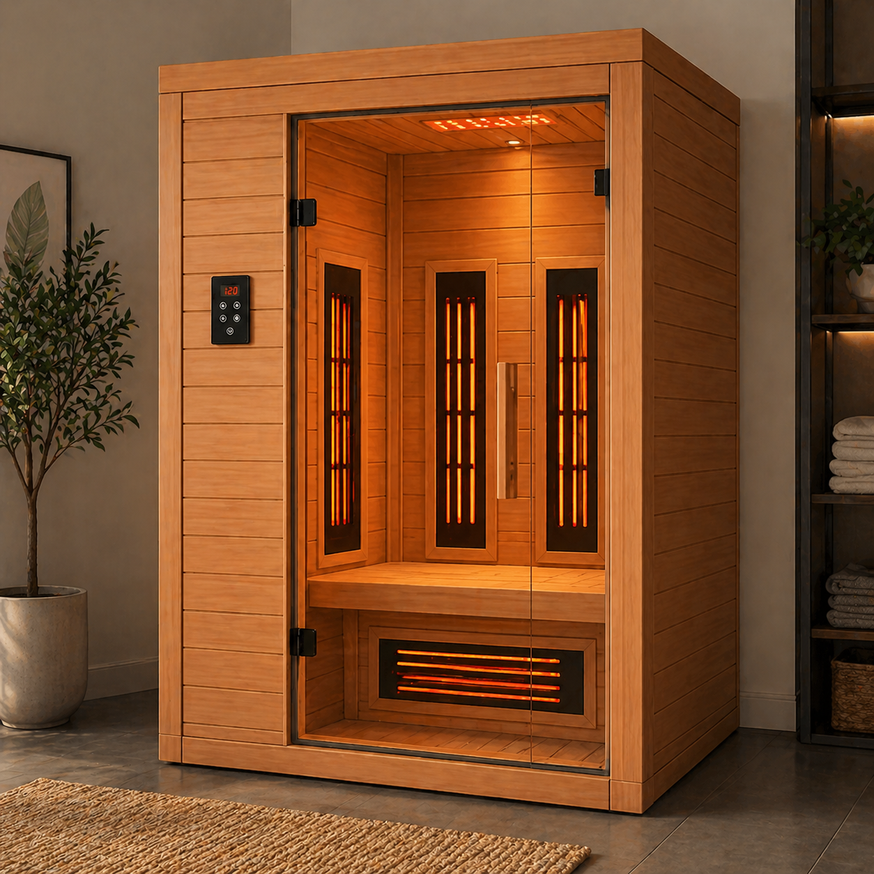 2 person infrared sauna with full spectrum infrared heaters, Canadian hemlock construction, and digital control panel installed in a modern home interior