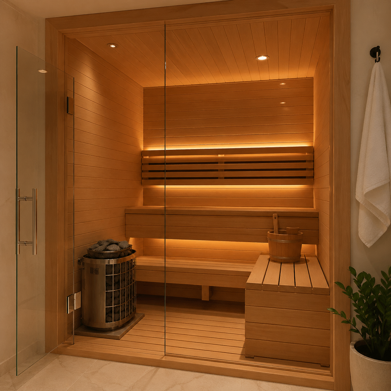 Indoor traditional sauna with electric heater and hot stones, premium cedar wood construction, glass door, and wooden bench designed for an authentic Finnish steam experience