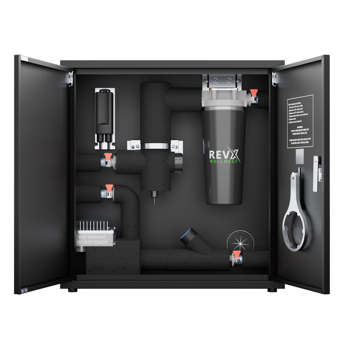 RevX X-FLOW cabinet doors open showing the filter housing, UV chamber and internal plumbing