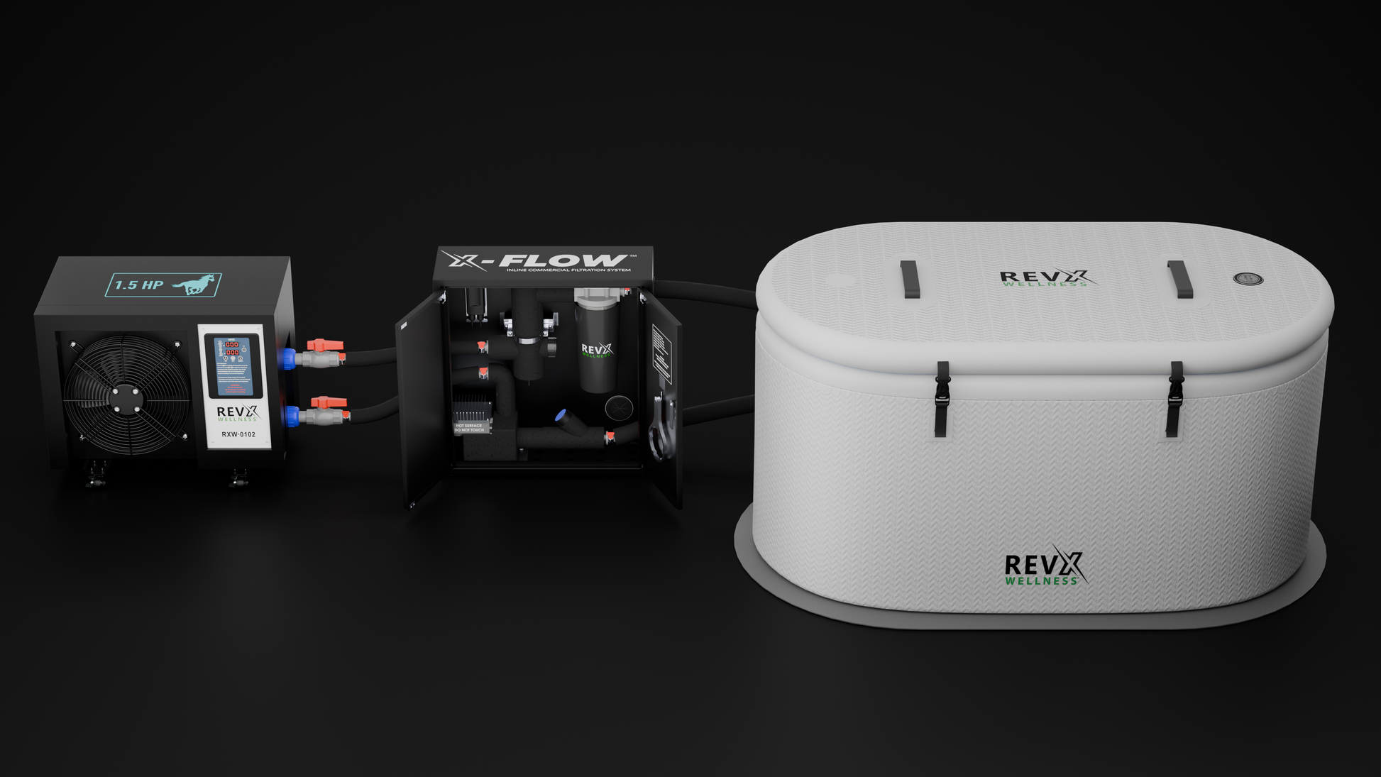 RevX chiller, X-FLOW filtration cabinet and a round cold plunge tub shown side by side