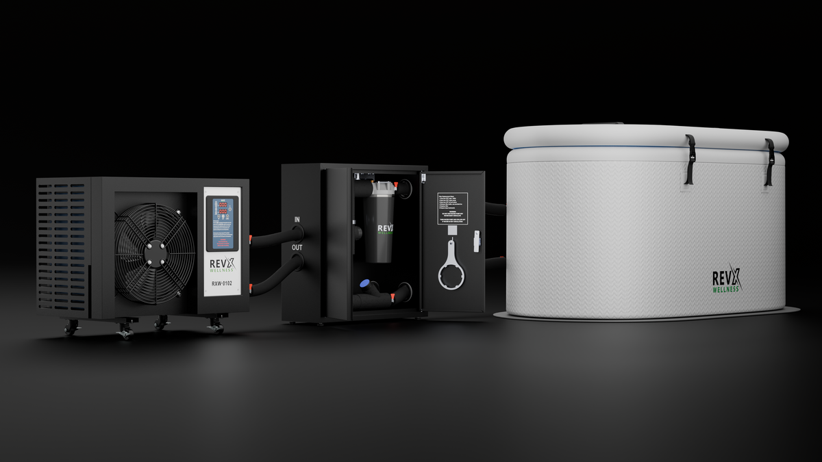 RevX chiller, X-FLOW filtration cabinet and inflatable cold plunge tub shown as a full system