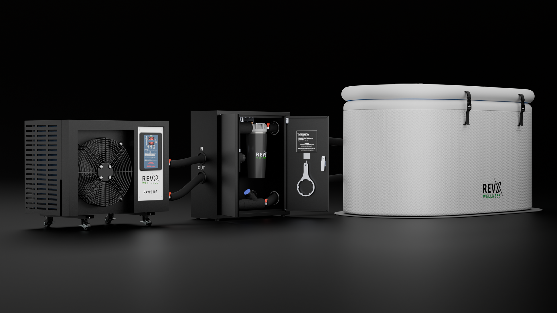 RevX chiller, X-FLOW filtration cabinet and inflatable cold plunge tub shown as a full system