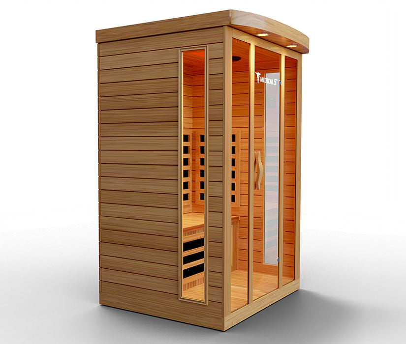 3-person Canadian hemlock infrared sauna with 9 heaters, 2200W, angled view