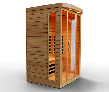 3-person Canadian hemlock infrared sauna with 9 heaters, 2200W, angled view