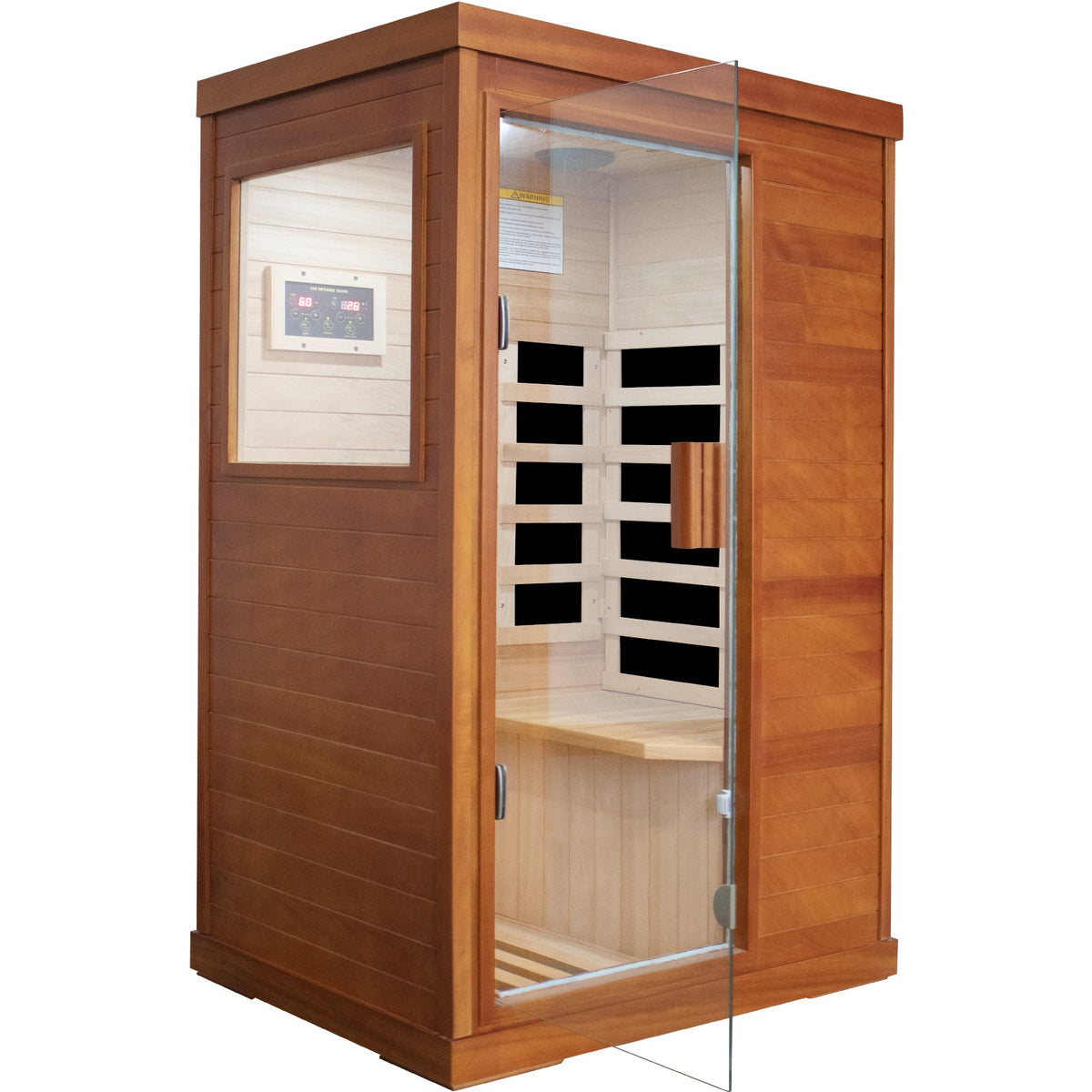 Solid wood 1-person infrared sauna in natural Oguman wood, front view