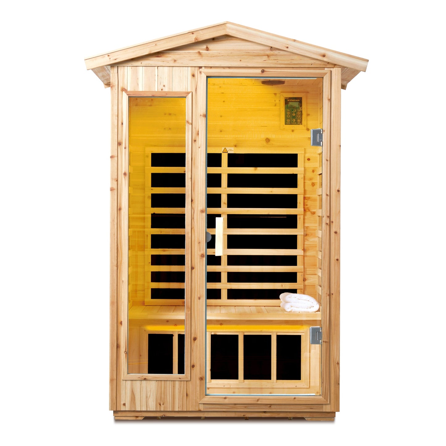 Two person old fir sauna room front view with yellow interior lighting and heater panels
