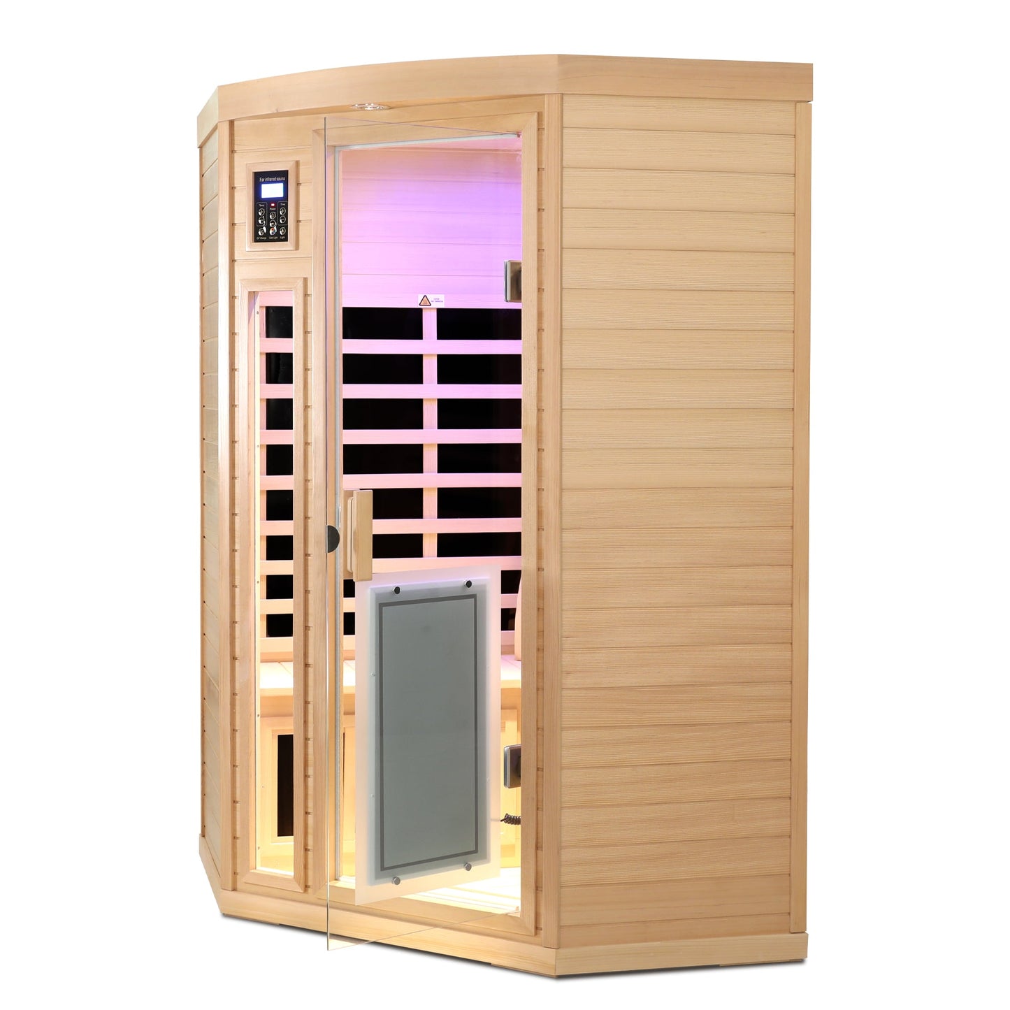 Low EMF hemlock corner sauna room side angle with pink interior lighting