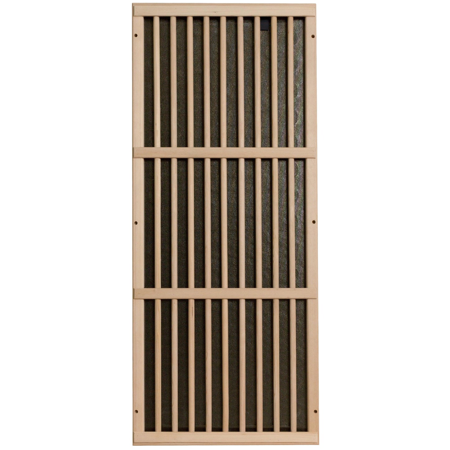 Carbon far infrared heater panel behind a slatted hemlock guard