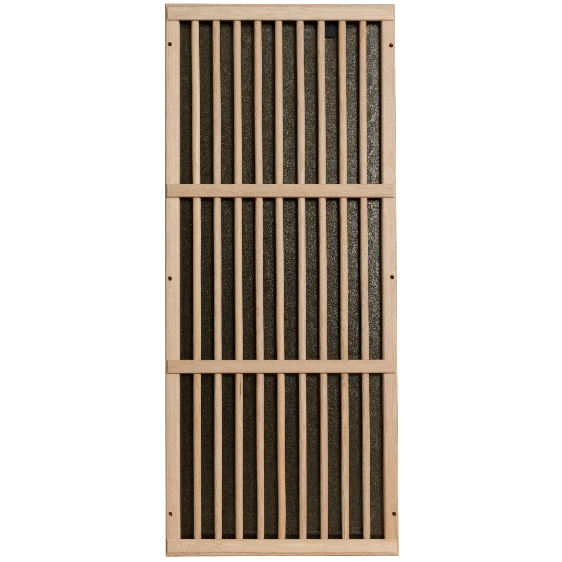 Carbon far infrared heater panel behind a slatted hemlock guard