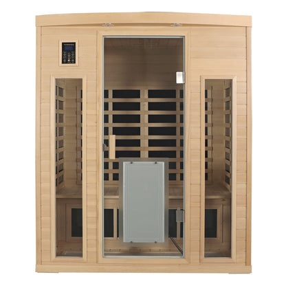Three person hemlock sauna room front view showing the heater panels and control panel
