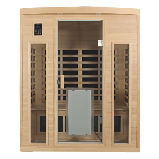Three person hemlock sauna room front view showing the heater panels and control panel
