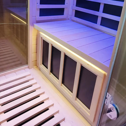 909MX 1-person ultra-low EMF infrared sauna with 270 degree glass and light therapy, angled view