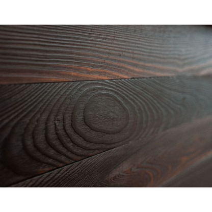Close detail of the charred wood grain finish on the Kooru cold plunge tub