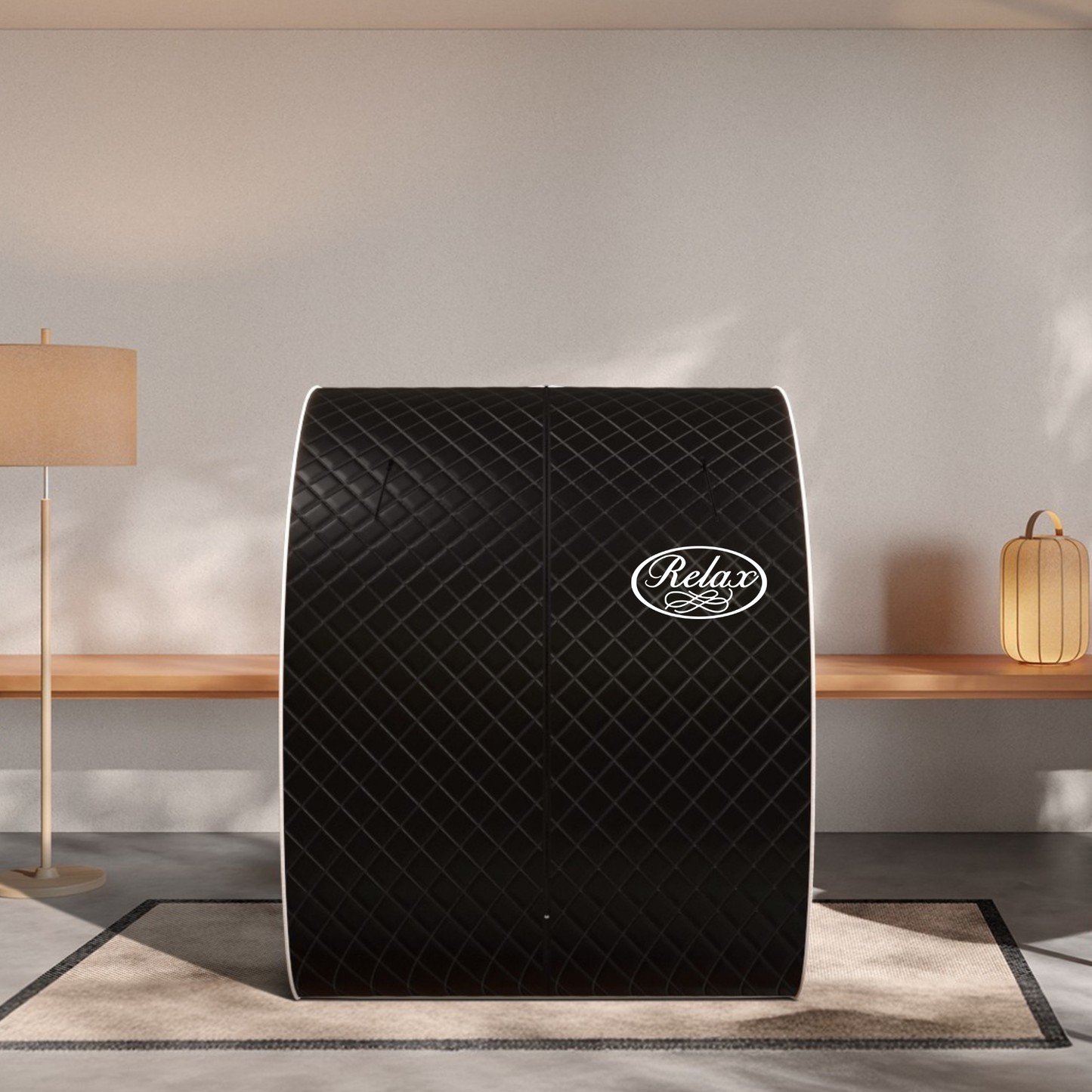Relax Black Pro portable sauna set up on a rug in a home interior