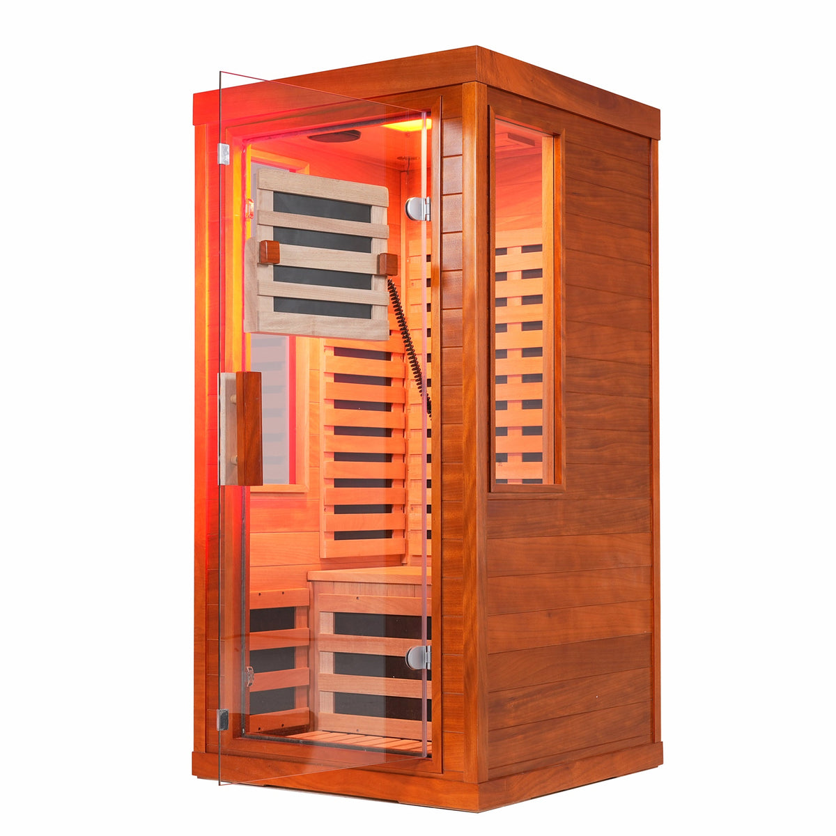 Wood 1-person infrared home sauna with glass door and red interior light, angled front view, on white background