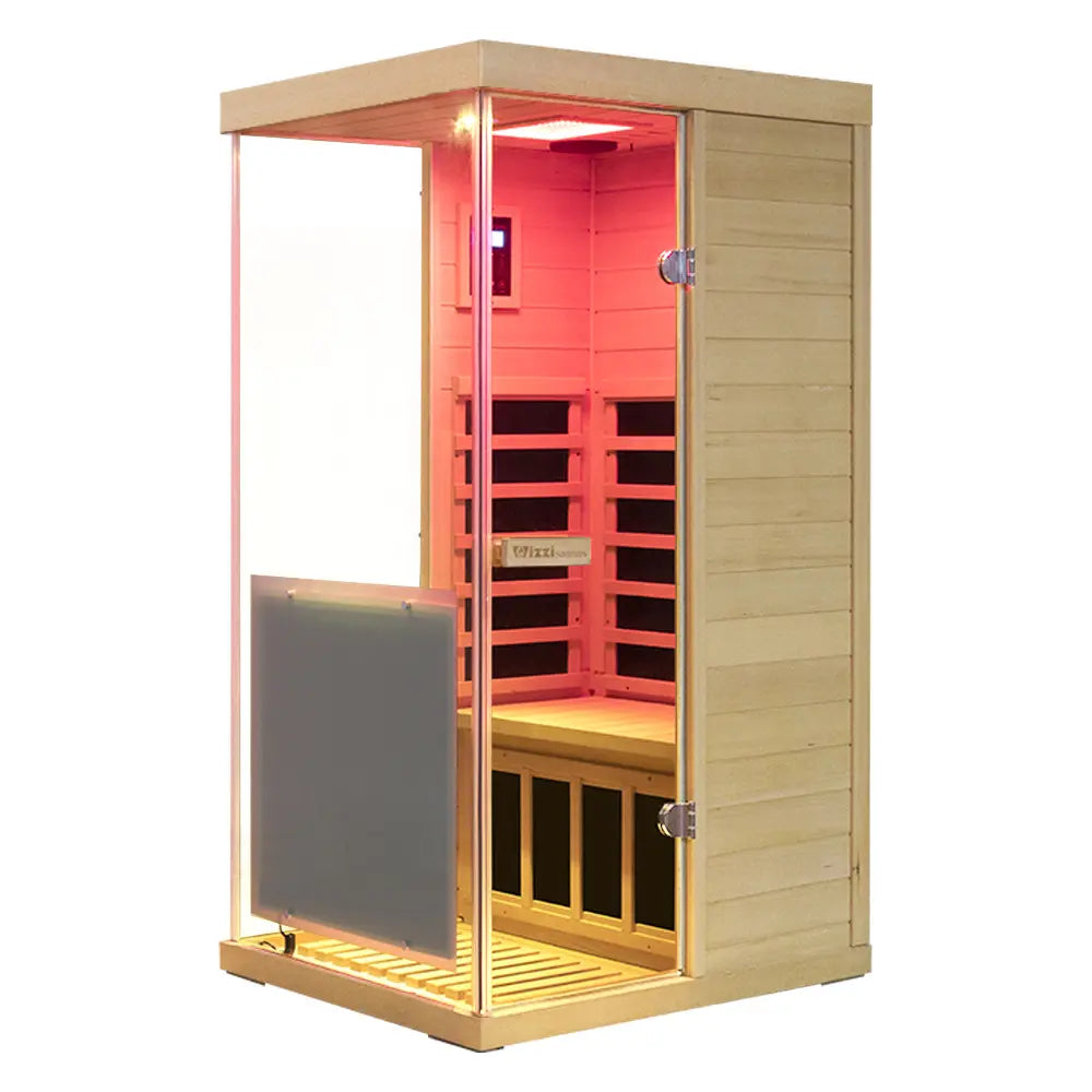 909MX 1-person ultra-low EMF infrared sauna with 270 degree panoramic glass, front view