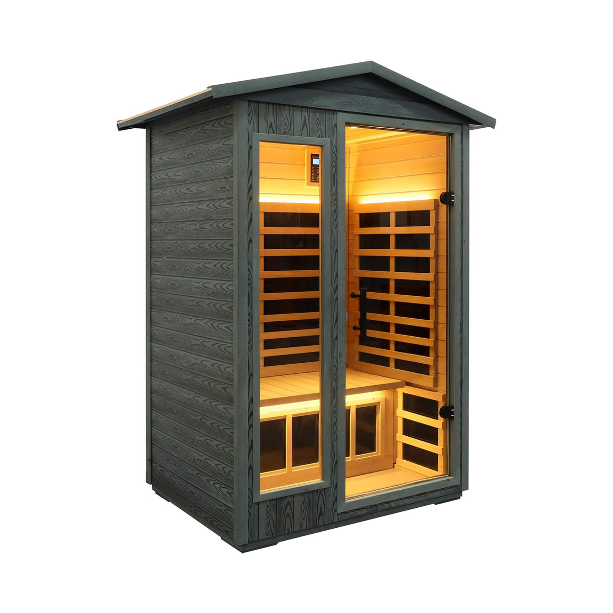 Riva outdoor infrared sauna, front right corner view