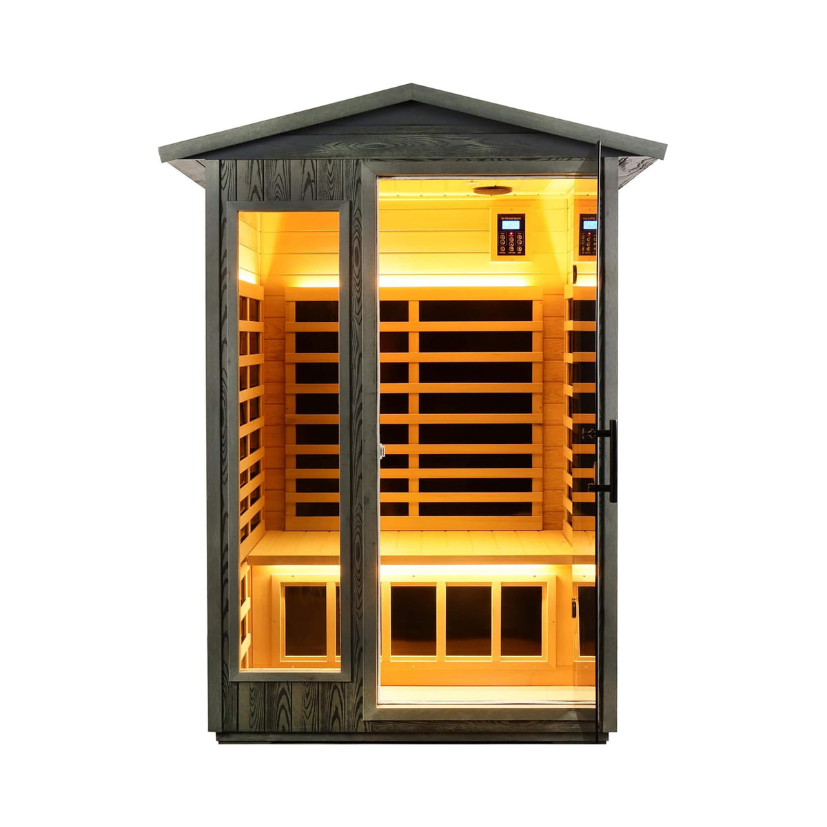 Riva 2-person outdoor infrared sauna in black carbonized walnut with pitched roof, front view