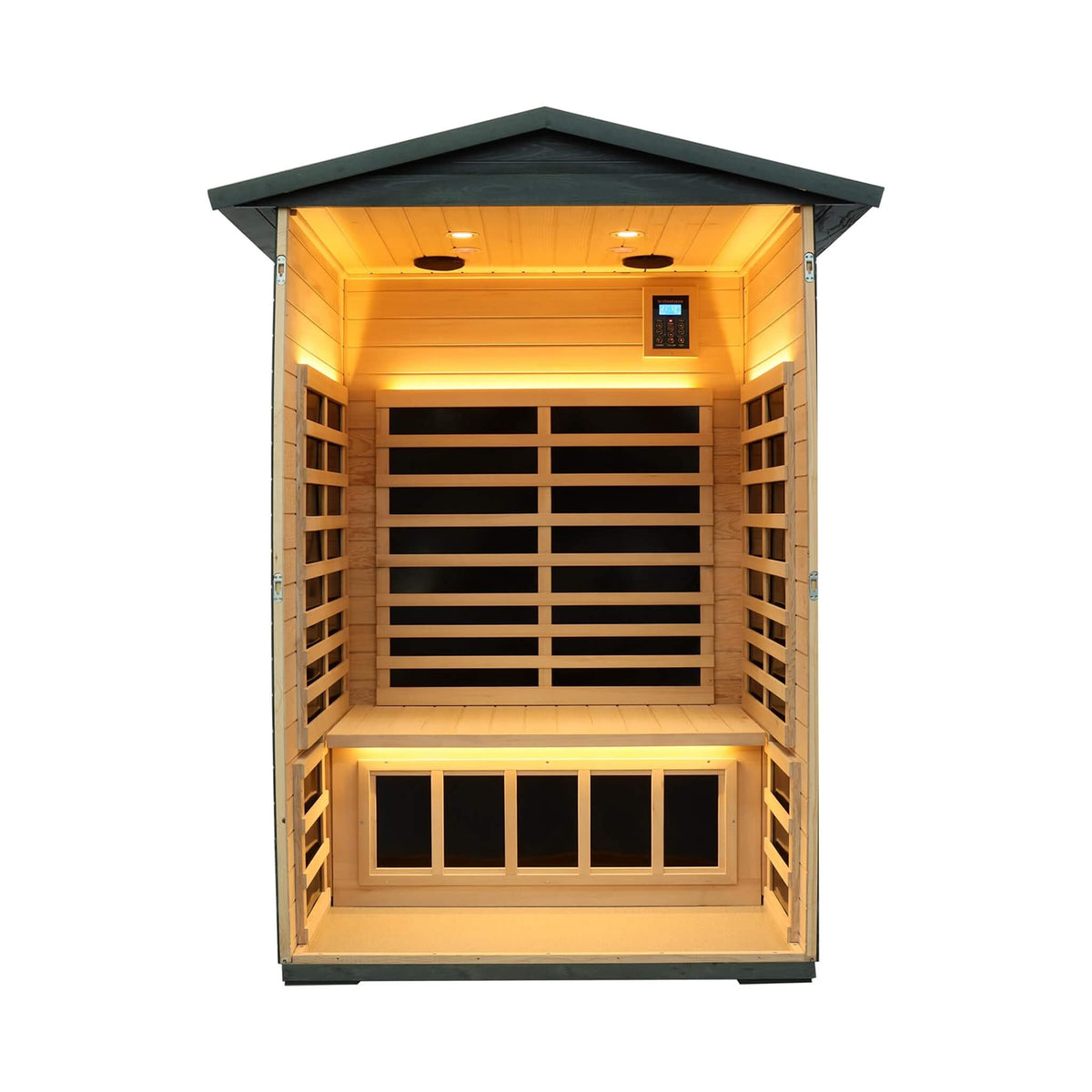 Riva outdoor infrared sauna interior with carbon heating panels and lighting