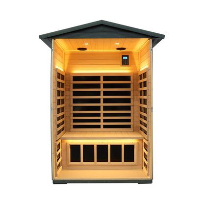 Riva outdoor infrared sauna interior with carbon heating panels and lighting