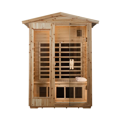 Vexa Luxury 2-person outdoor infrared sauna in hemlock with door open, front view