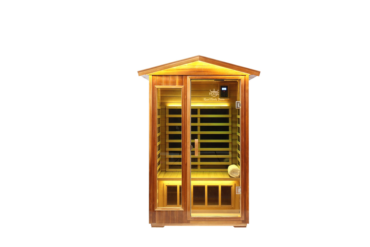 Two-person solid wood infrared sauna interior with carbon heating panels