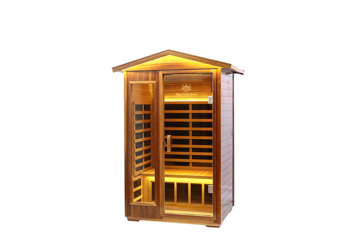 Two-person solid wood infrared sauna, side view