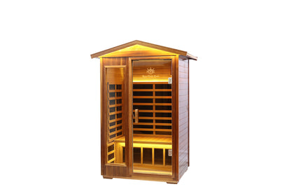 Two-person solid wood infrared sauna, side view