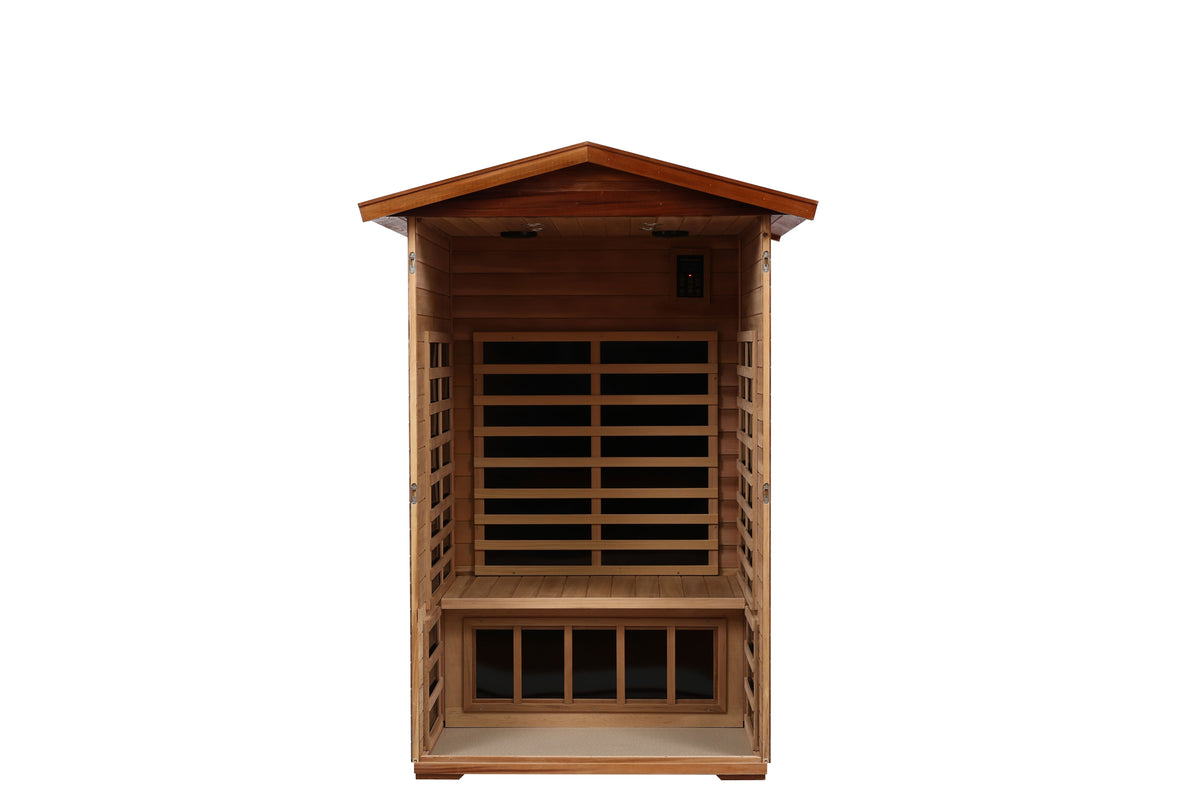 Two-person solid wood infrared sauna, angled view